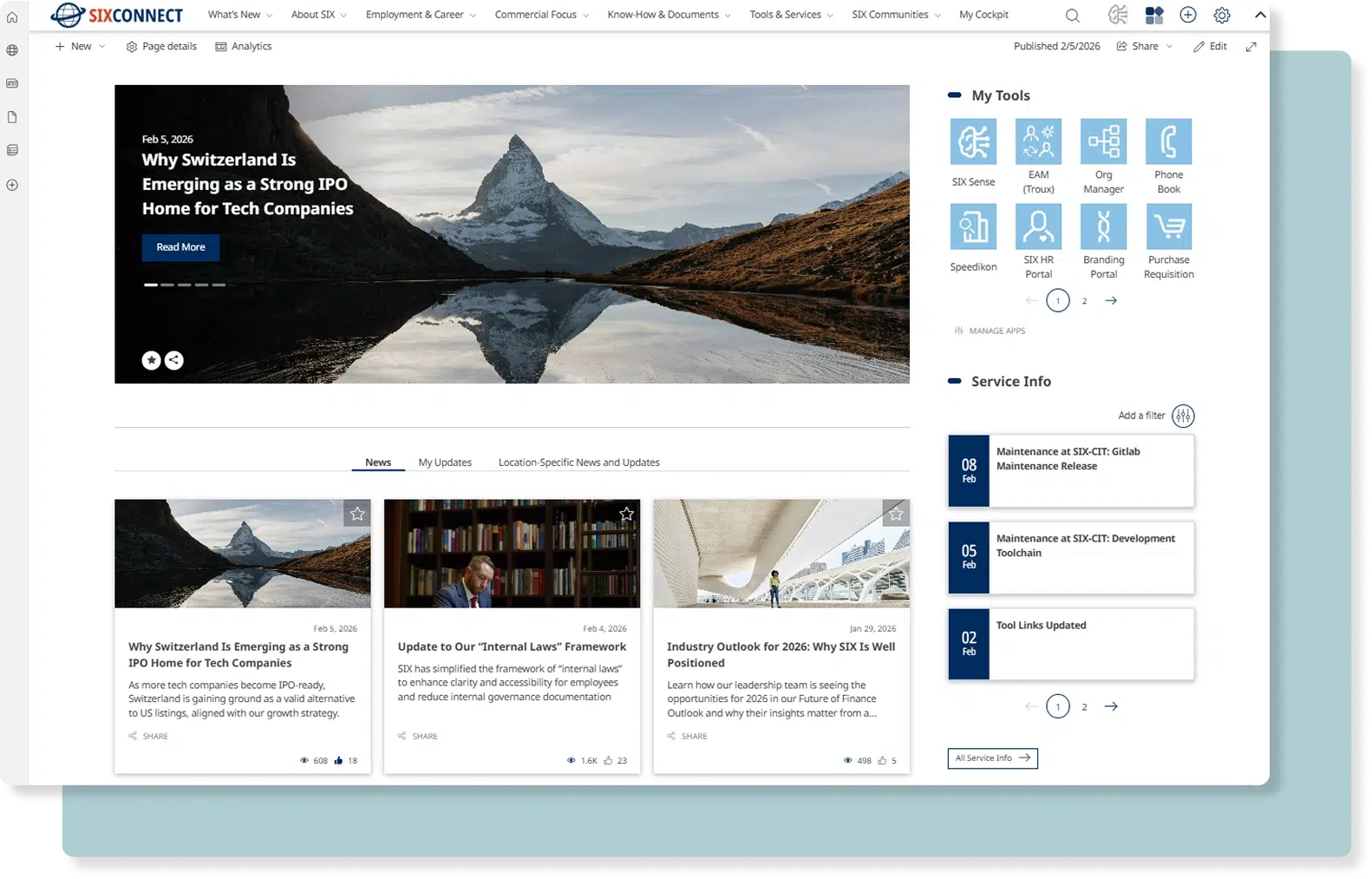 six connect intranet home page