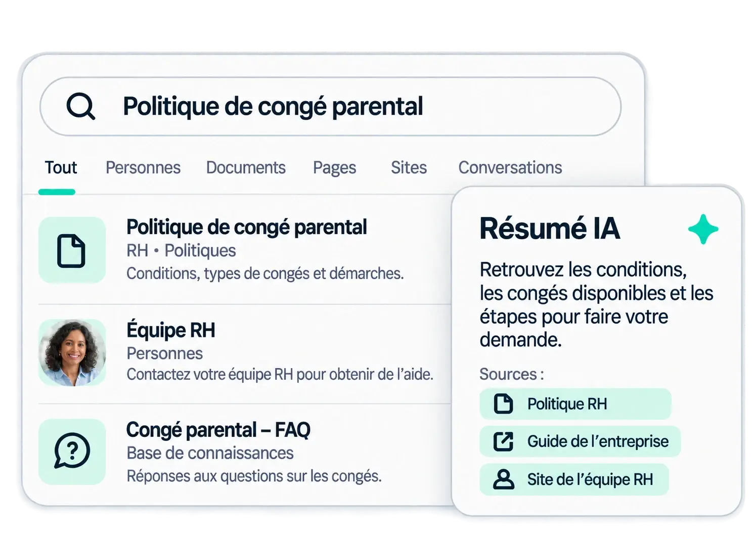 Recherche conversationnelle dans l'intranet Powell : question posée en langage naturel et réponse obtenue