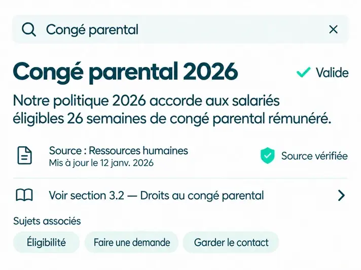 Recherche d'informations sur le congé parental dans l'intranet Powell