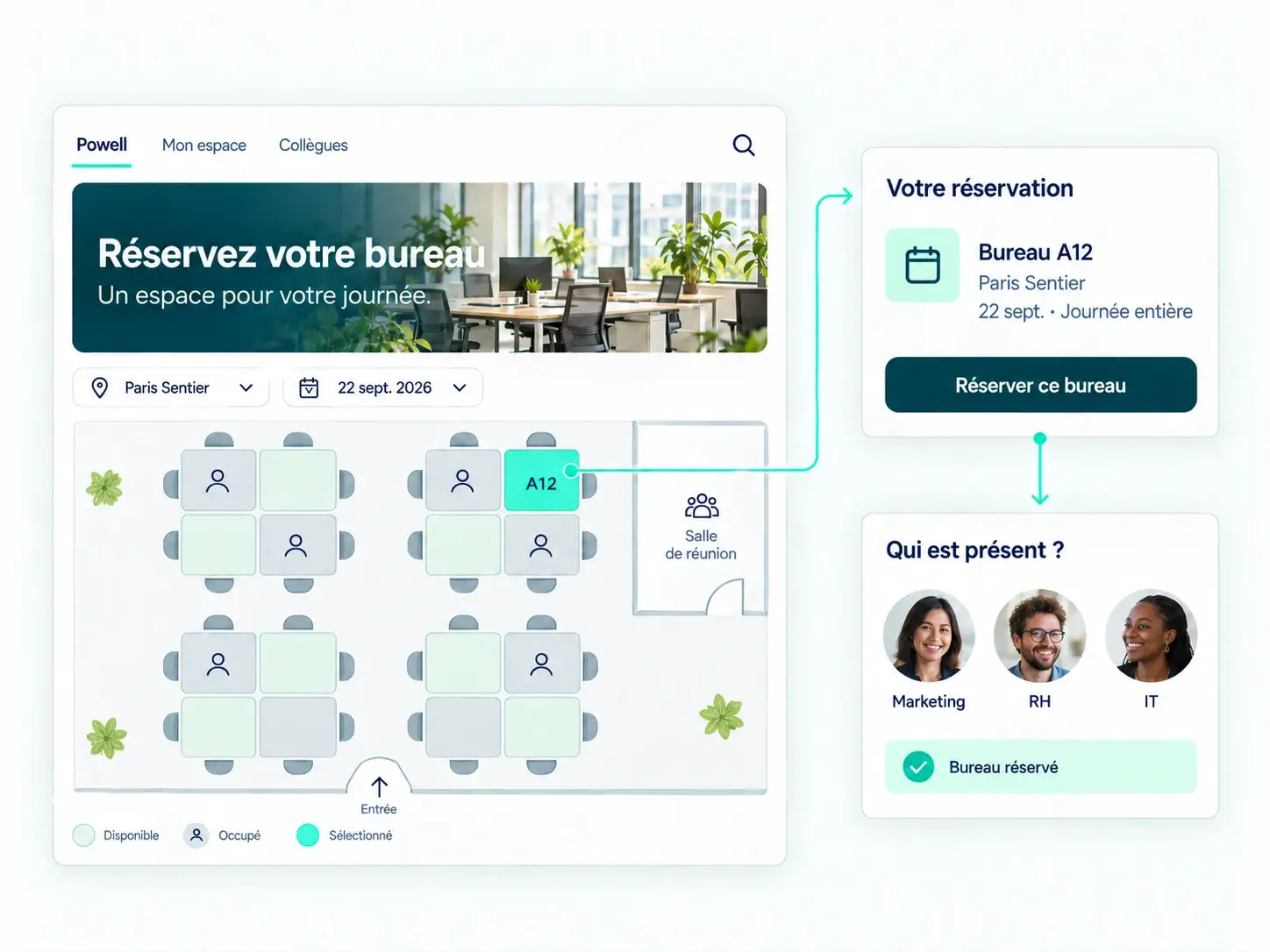 Réservation de bureau avec Flexdesk : plan interactif montrant les collègues présents sur site