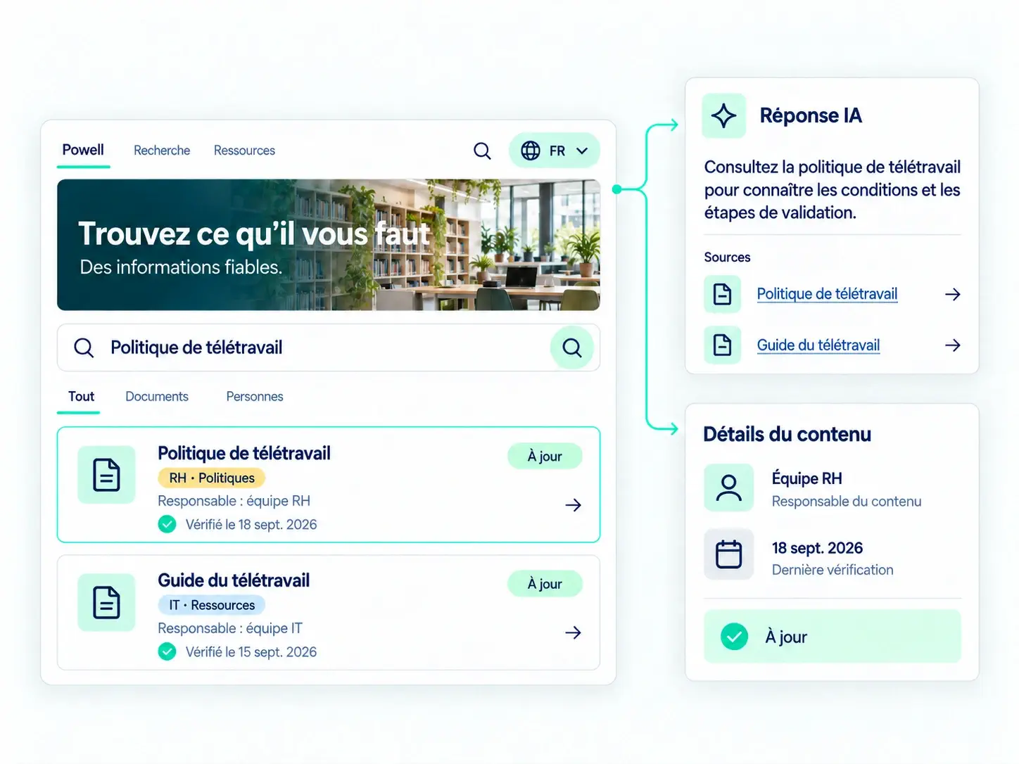 Résultat de recherche Powell indiquant le propriétaire du contenu et sa date de dernière vérification