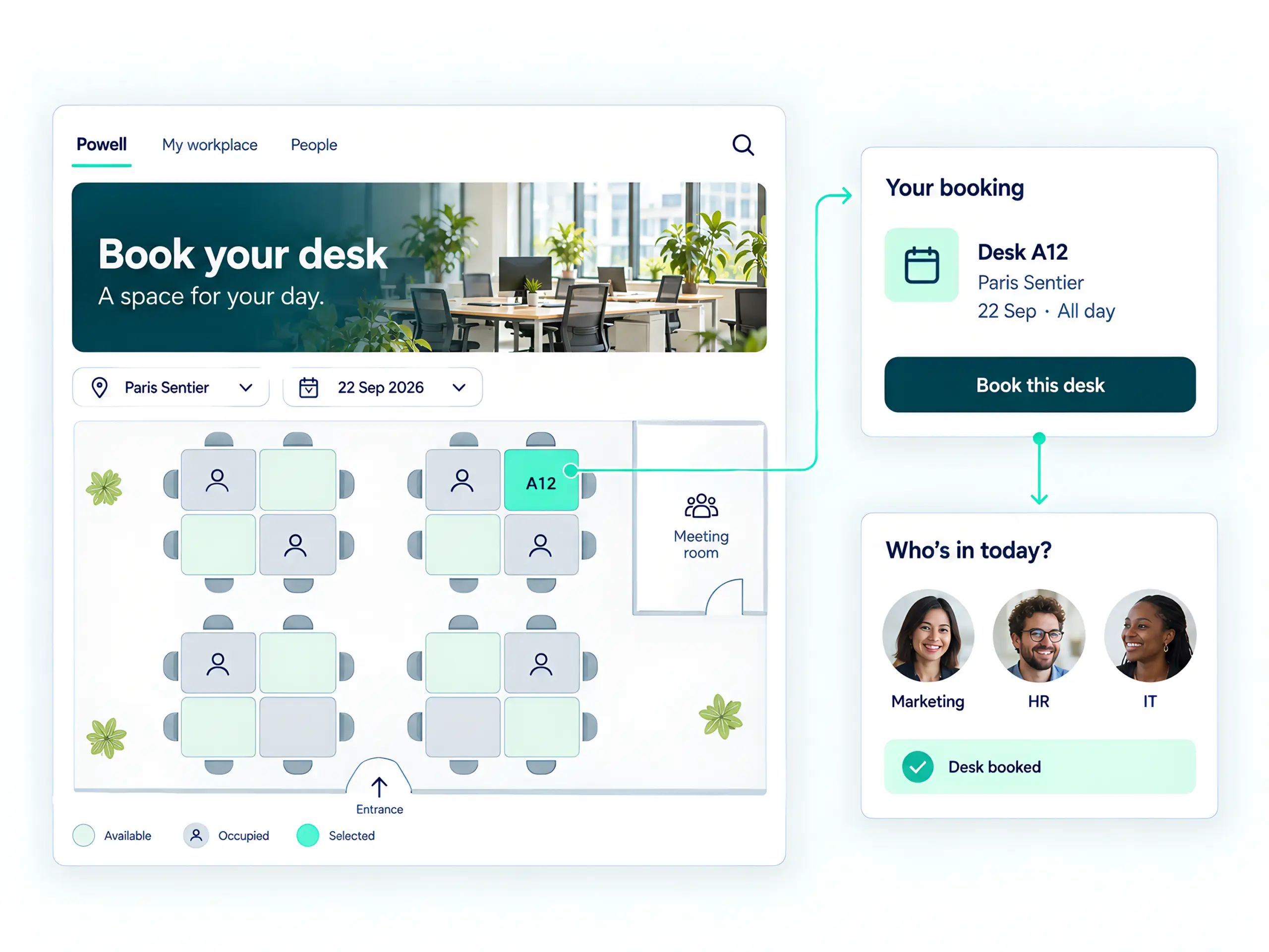 Desk booking with Flexdesk: live office map showing which colleagues are on site