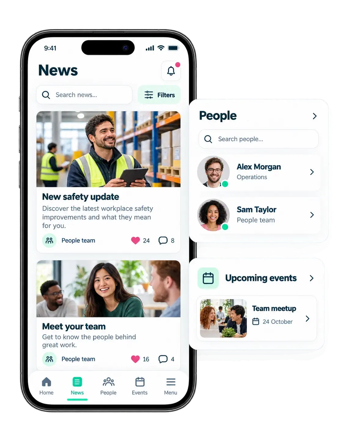 Overview of Powell's internal communication app screens: news, search, booking and employee directory