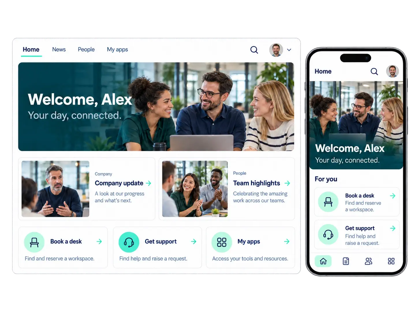 Powell Experience: branded, multilingual digital workplace on desktop, in Microsoft Teams and on mobile
