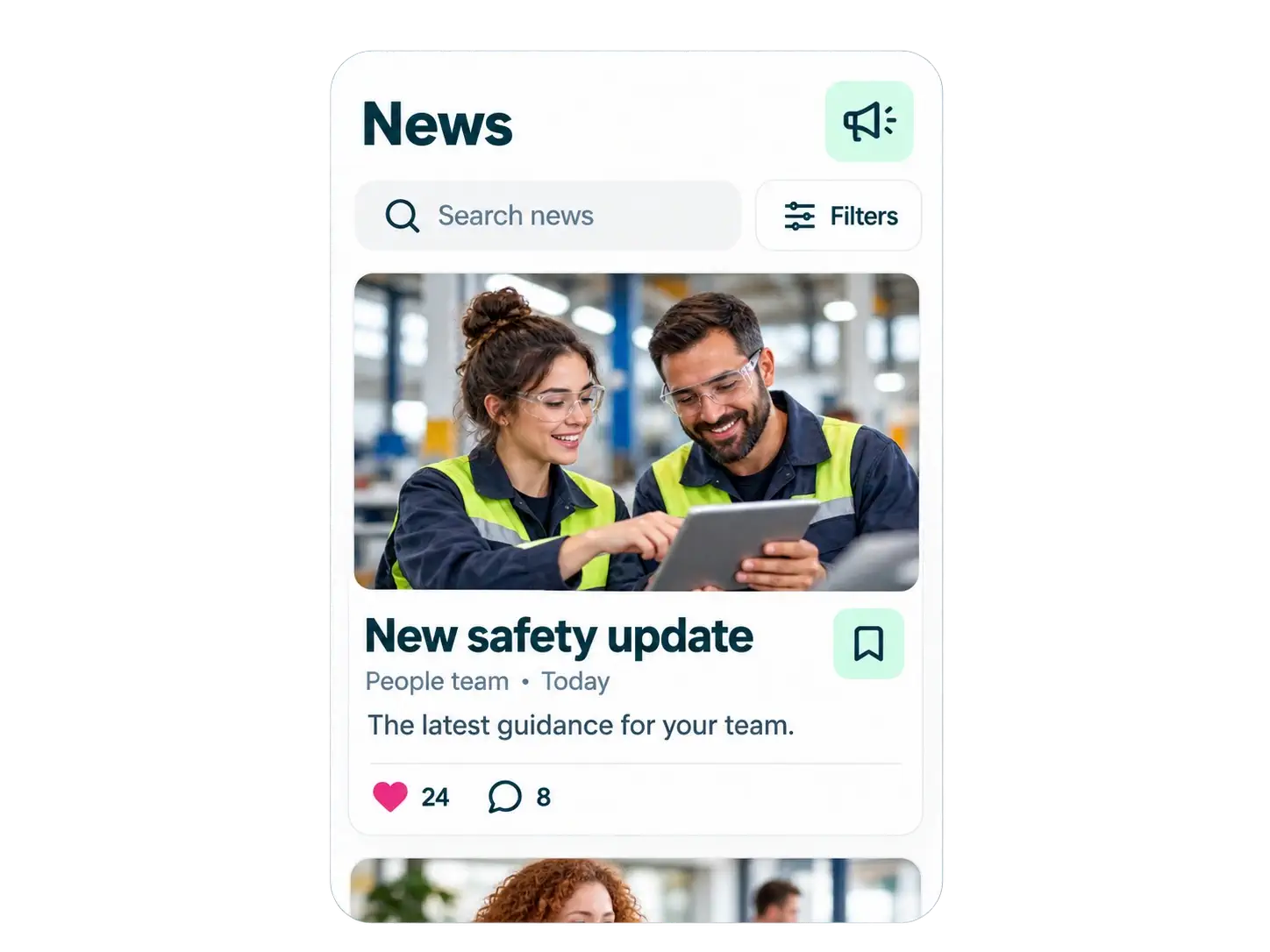 Social-style news feed in the employee experience app, with likes and comments on company posts