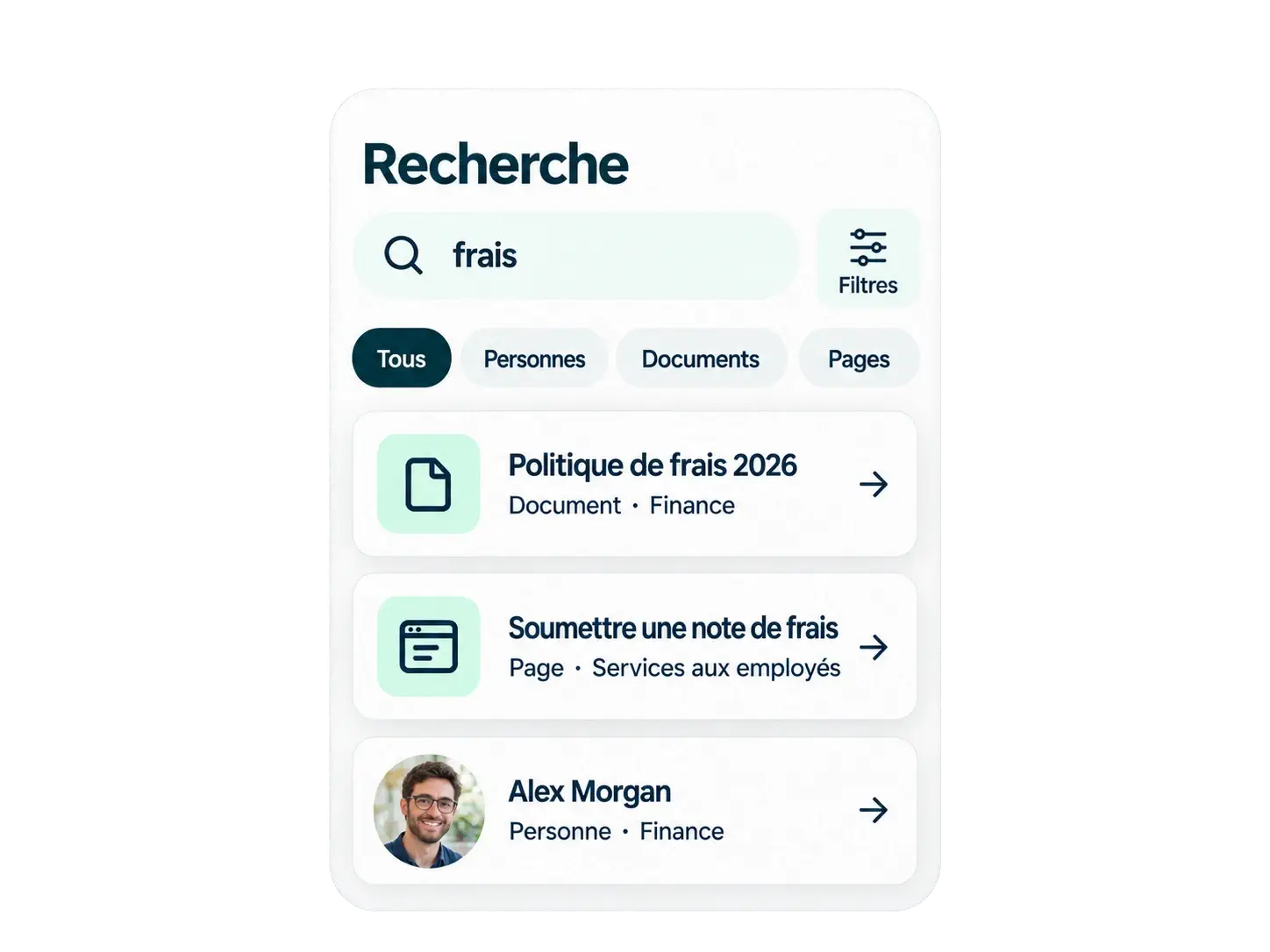 Recherche unifiée de collaborateurs, documents et pages depuis l’application mobile Powell