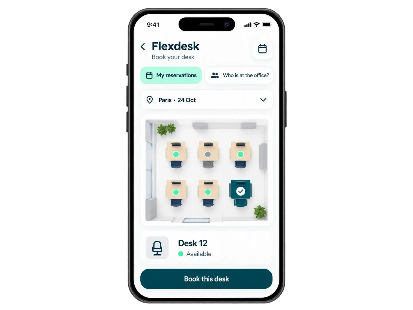 Flexdesk booking screen on mobile to reserve a desk, meeting room or parking spot in a few taps