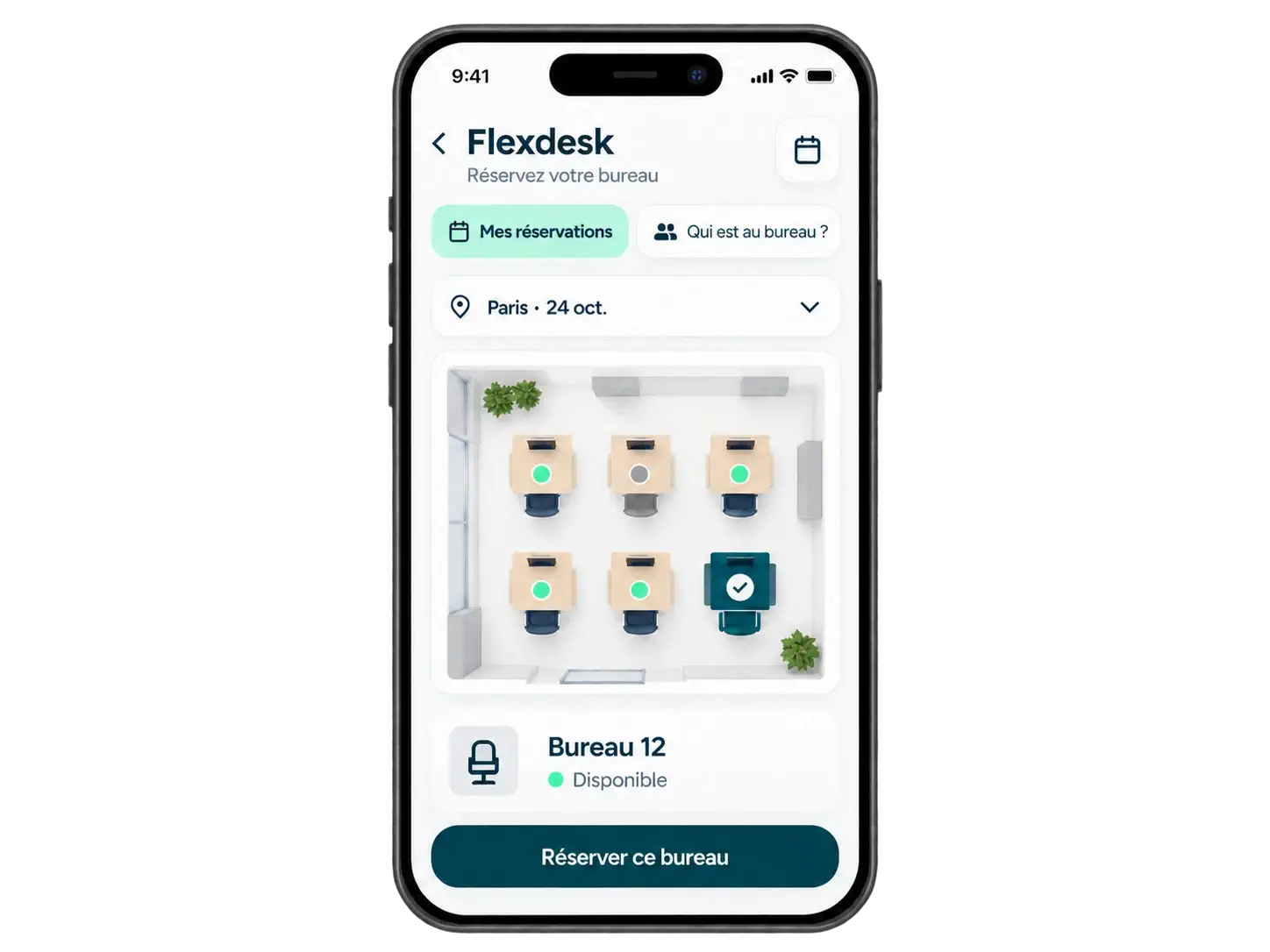 Réservation d’un bureau sur plan avec Flexdesk dans l’application mobile Powell